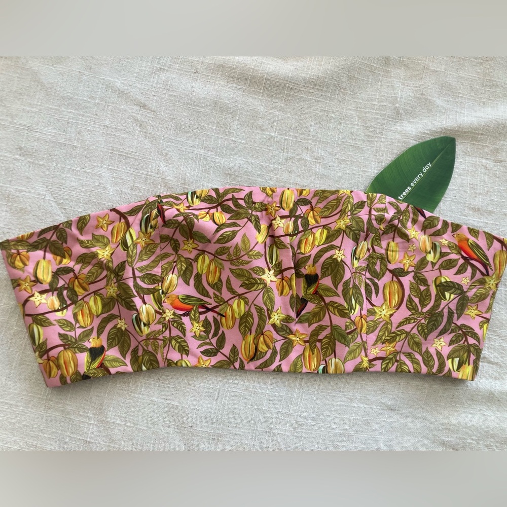 FARM Rio Anthropologie Star Fruit and birds light pink and green bandeau top.